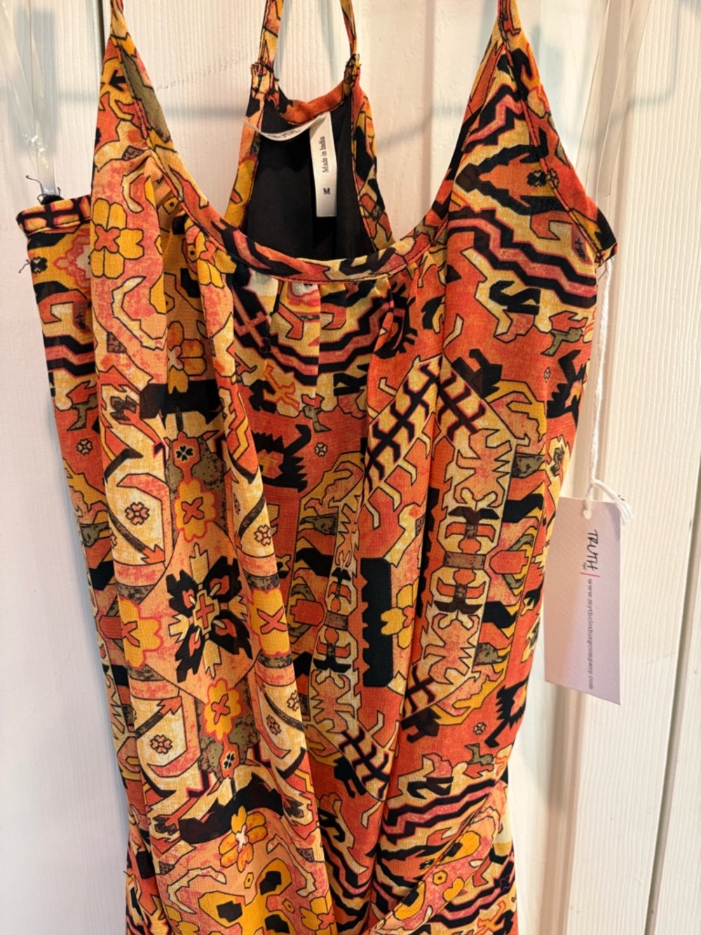 Truth NYC Women Sun Dress Orange Pattern Long Racerback Hi-Lo Medium NWT - Picture 2 of 9